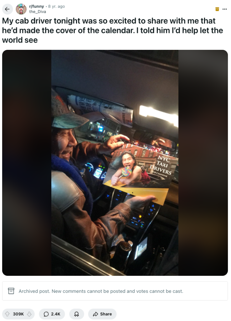12 Most Upvoted Reddit Posts of All Time (And Why They Went Viral) 2 cab driver calendar reddit
